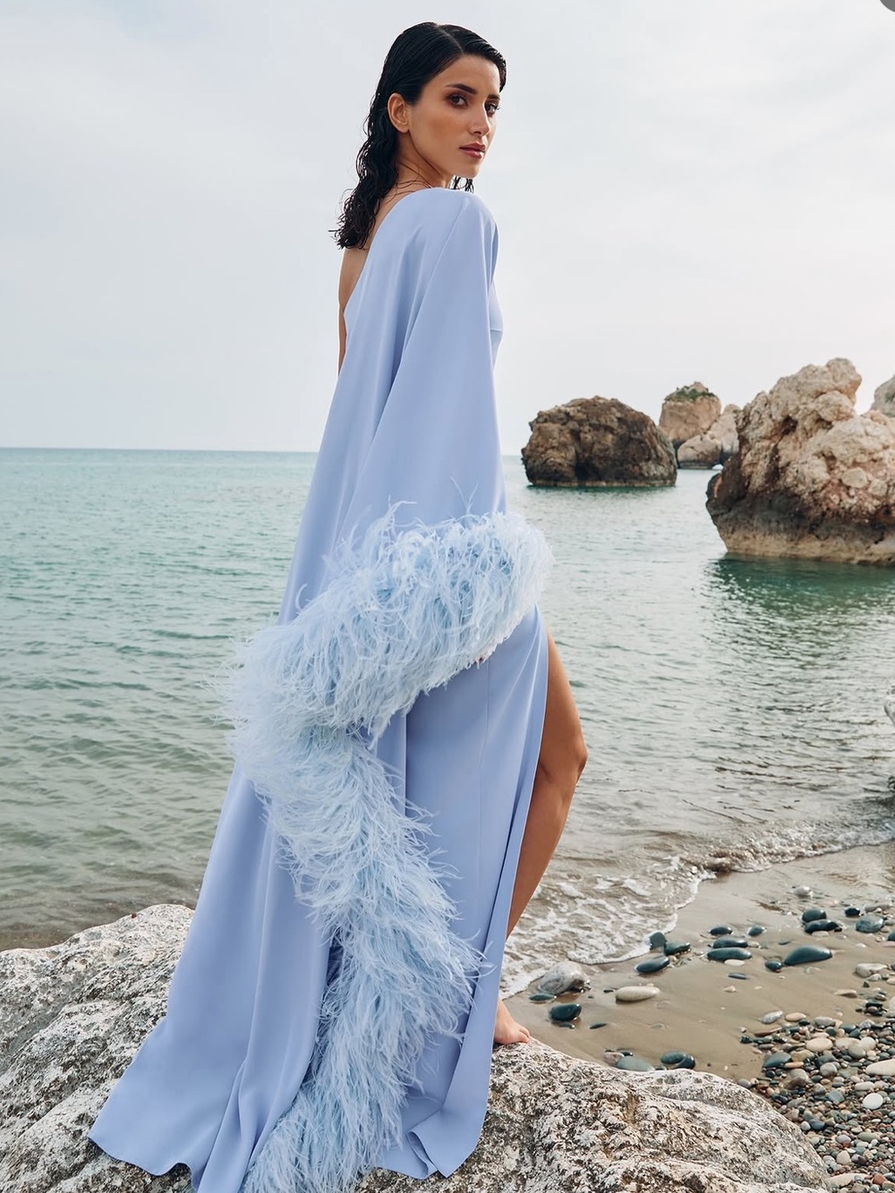 One-Shoulder Feather-Trim Gown in Pale Blue - Picture 2 of 5